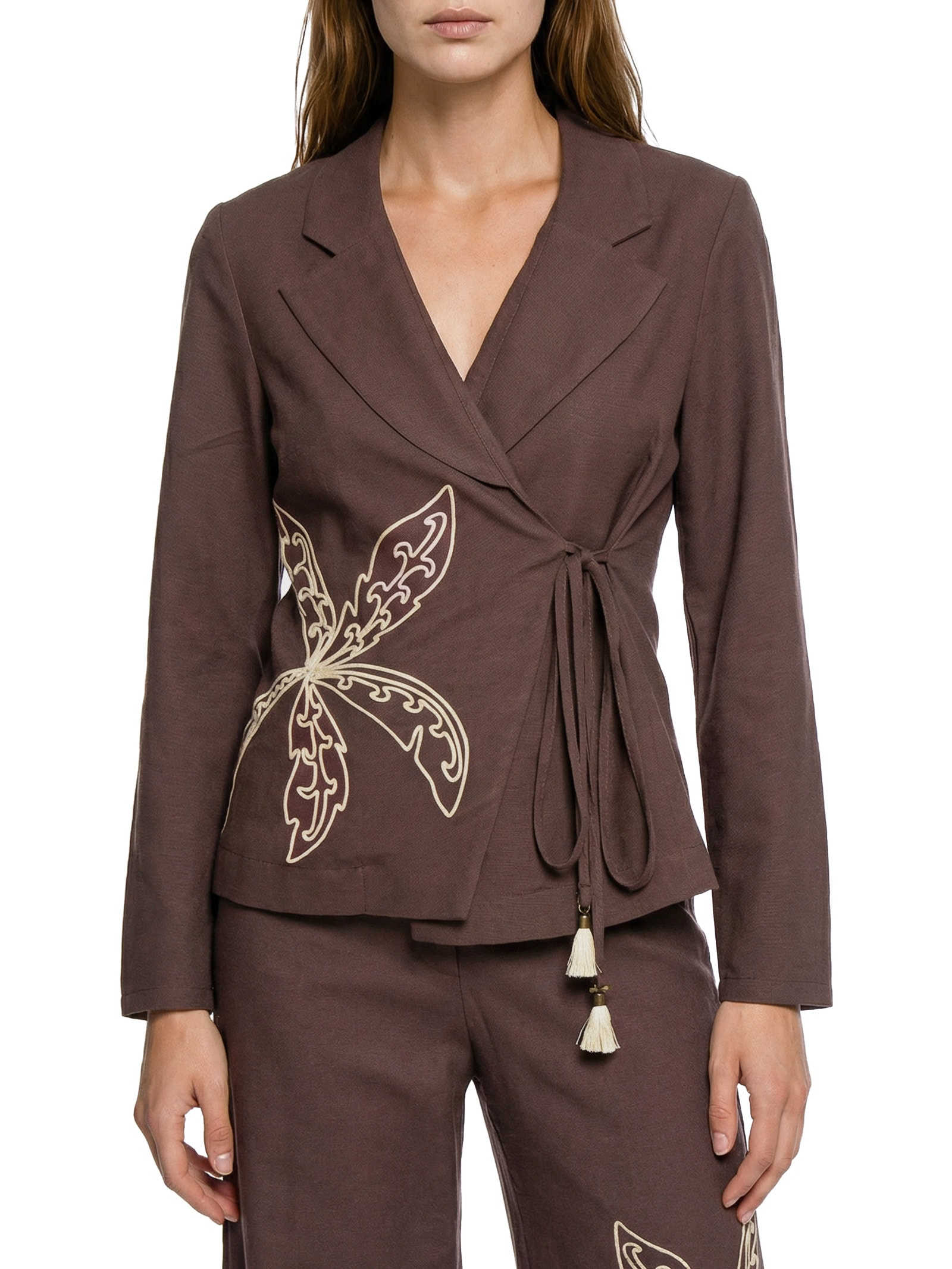 Blazer Feminino Bordado Palmeiras Marrom Cacay