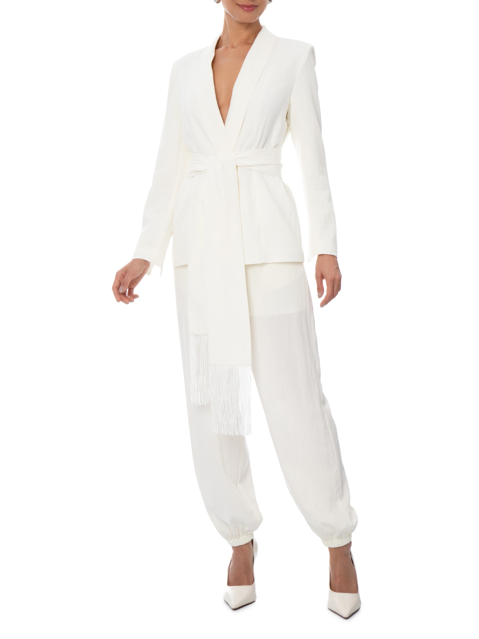 Blazer Feminino com Cinto em Franjas – Off White '2Essential