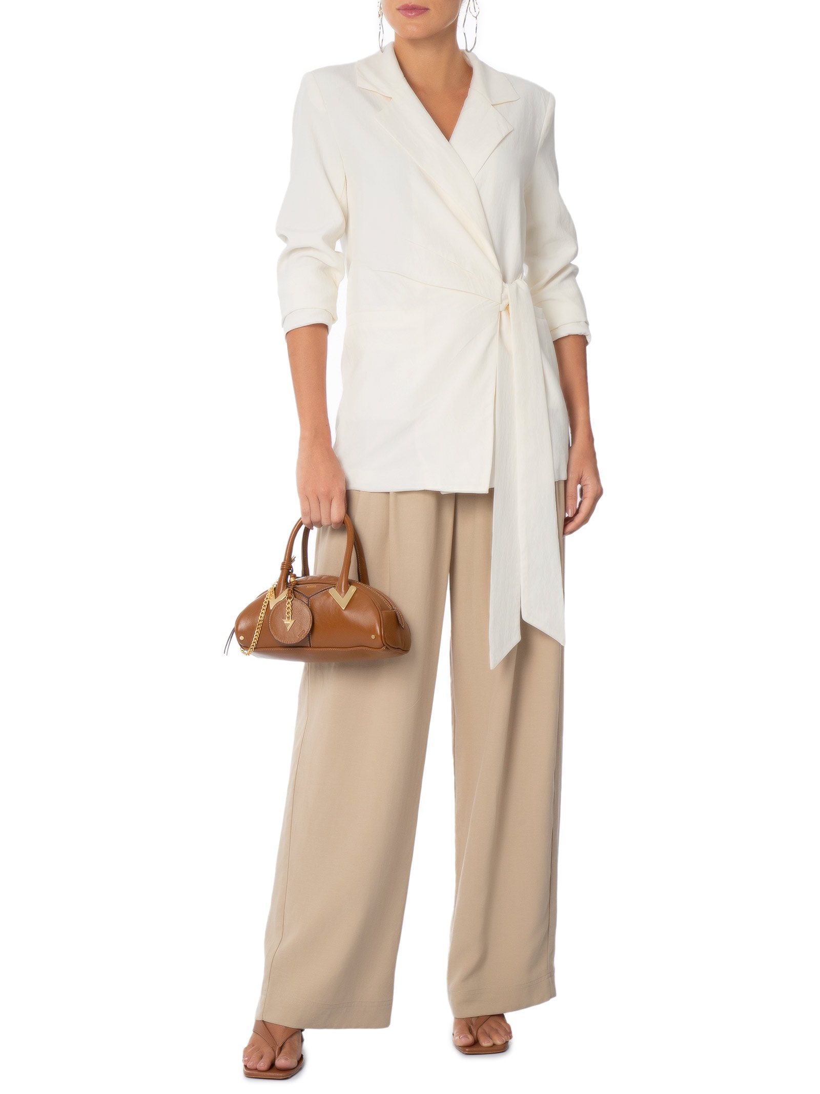 Blazer Feminino Com Fecho Em Amarração Bege Market 33