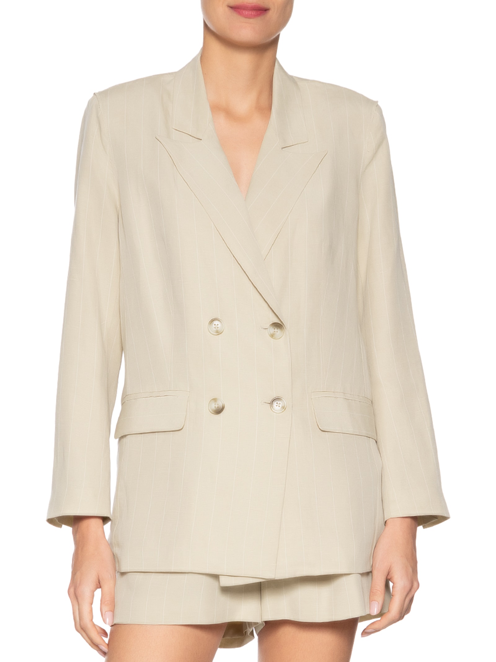 Blazer Feminino De Alfaiataria Fio Tinto Bege Animale Jeans