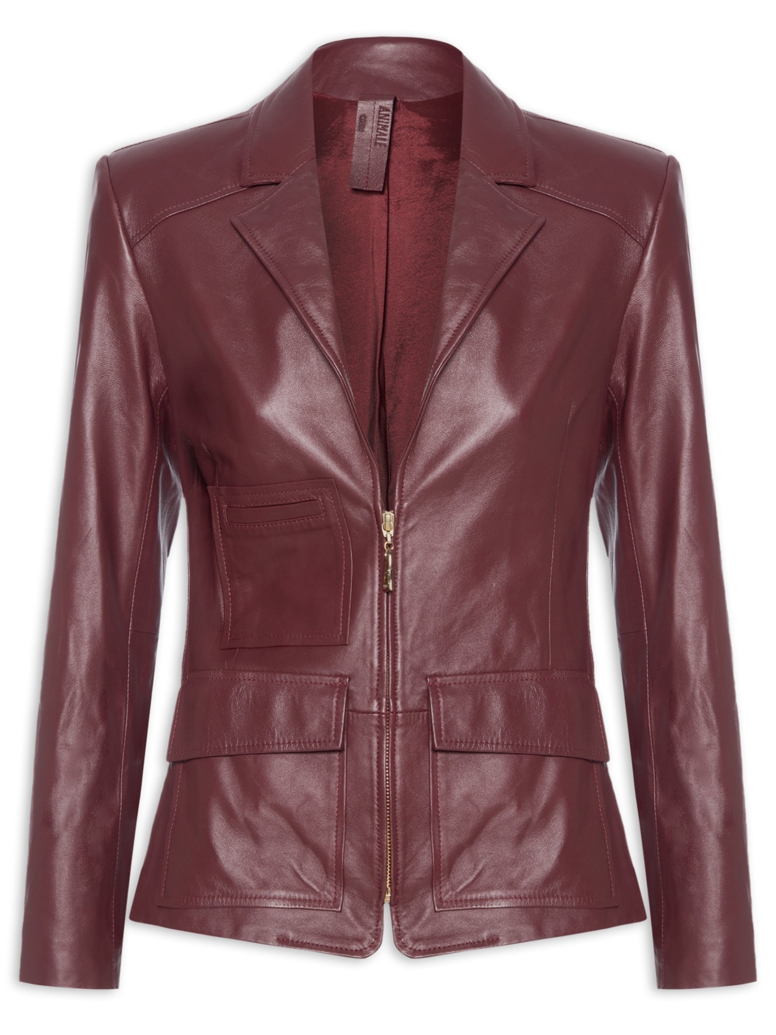 Blazer Feminino De Couro Bolsos Zíper Frontal Vermelho Animale