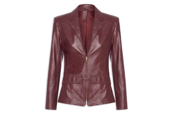Blazer Feminino De Couro Bolsos Zíper Frontal - Vermelho