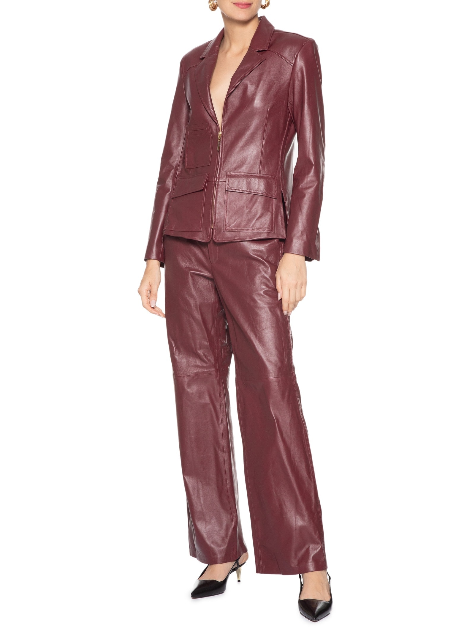 Blazer Feminino De Couro Bolsos Zíper Frontal Vermelho Animale