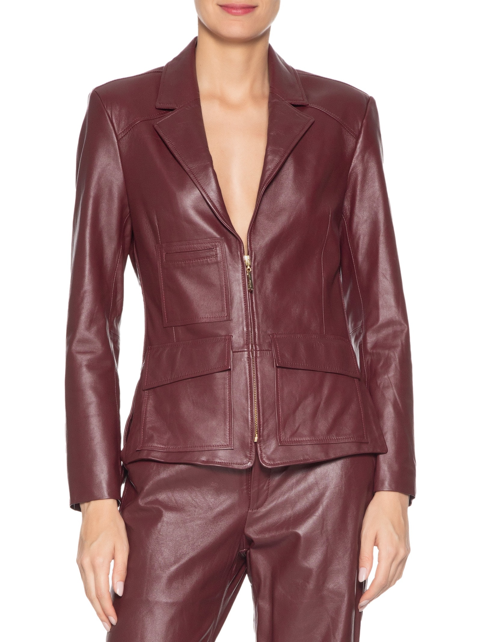 Blazer Feminino De Couro Bolsos Zíper Frontal Vermelho Animale