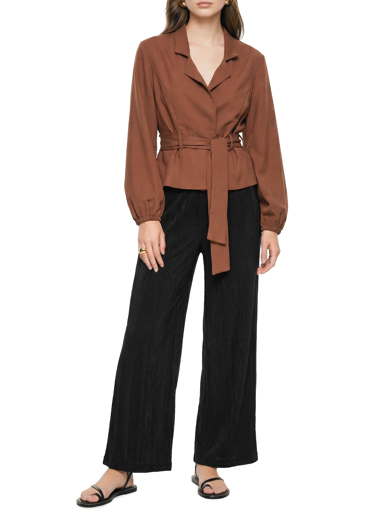 Blazer Feminino Liso Com Faixa Marrom Cacay