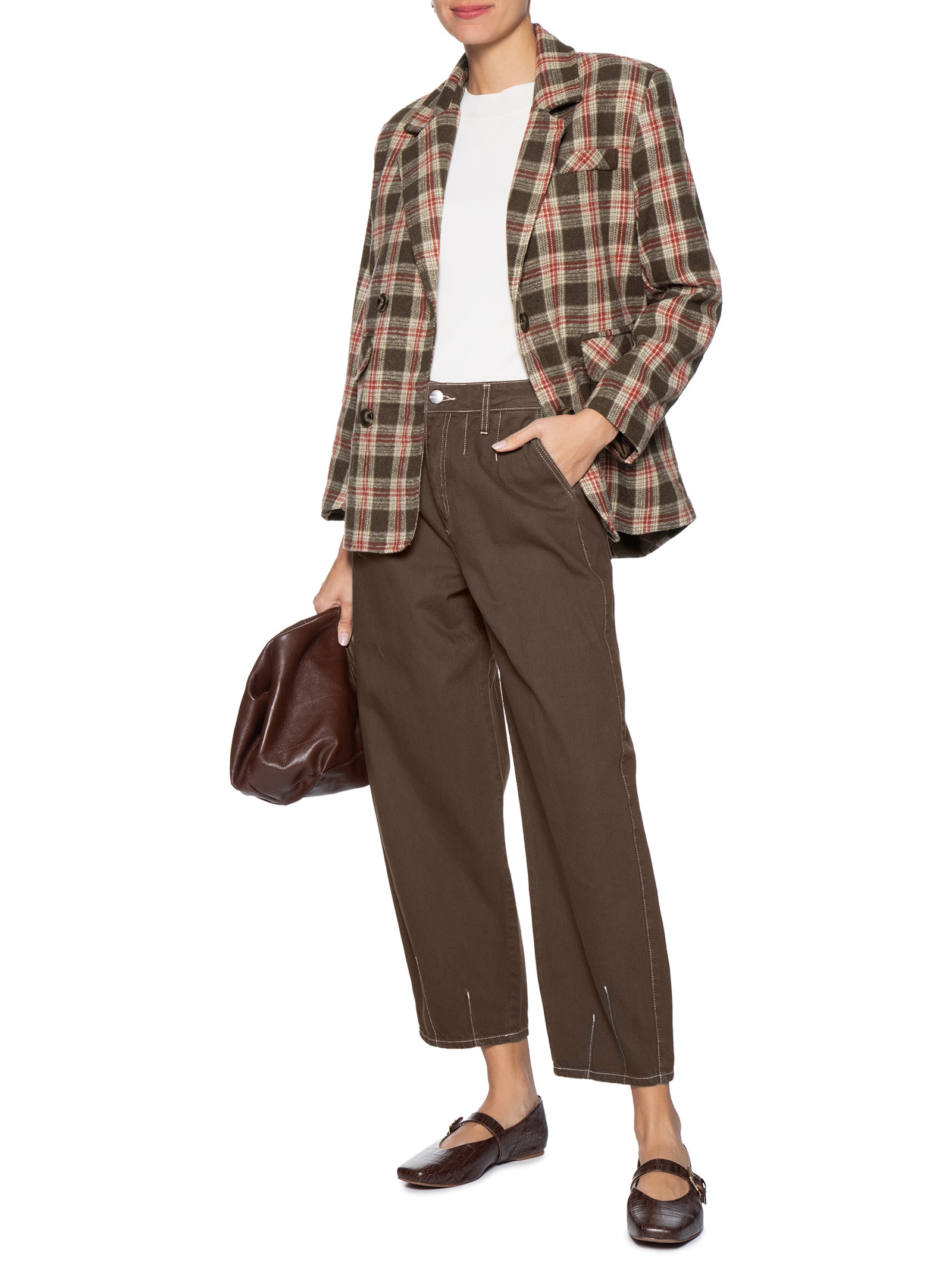 Blazer Feminino Oversized Xadrez Bege Basiq