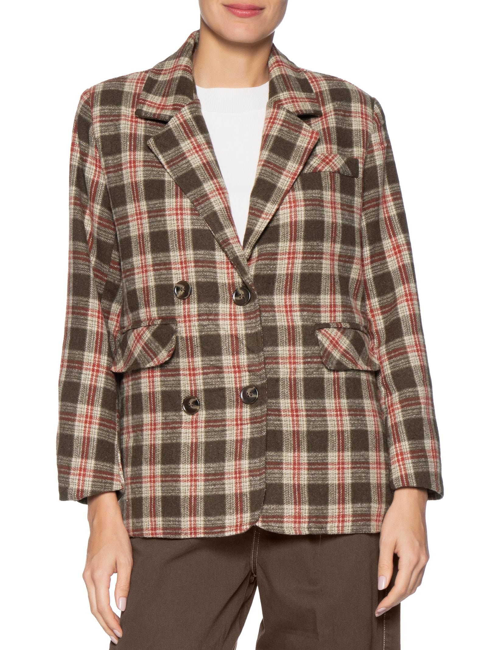 Blazer Feminino Oversized Xadrez Bege Basiq
