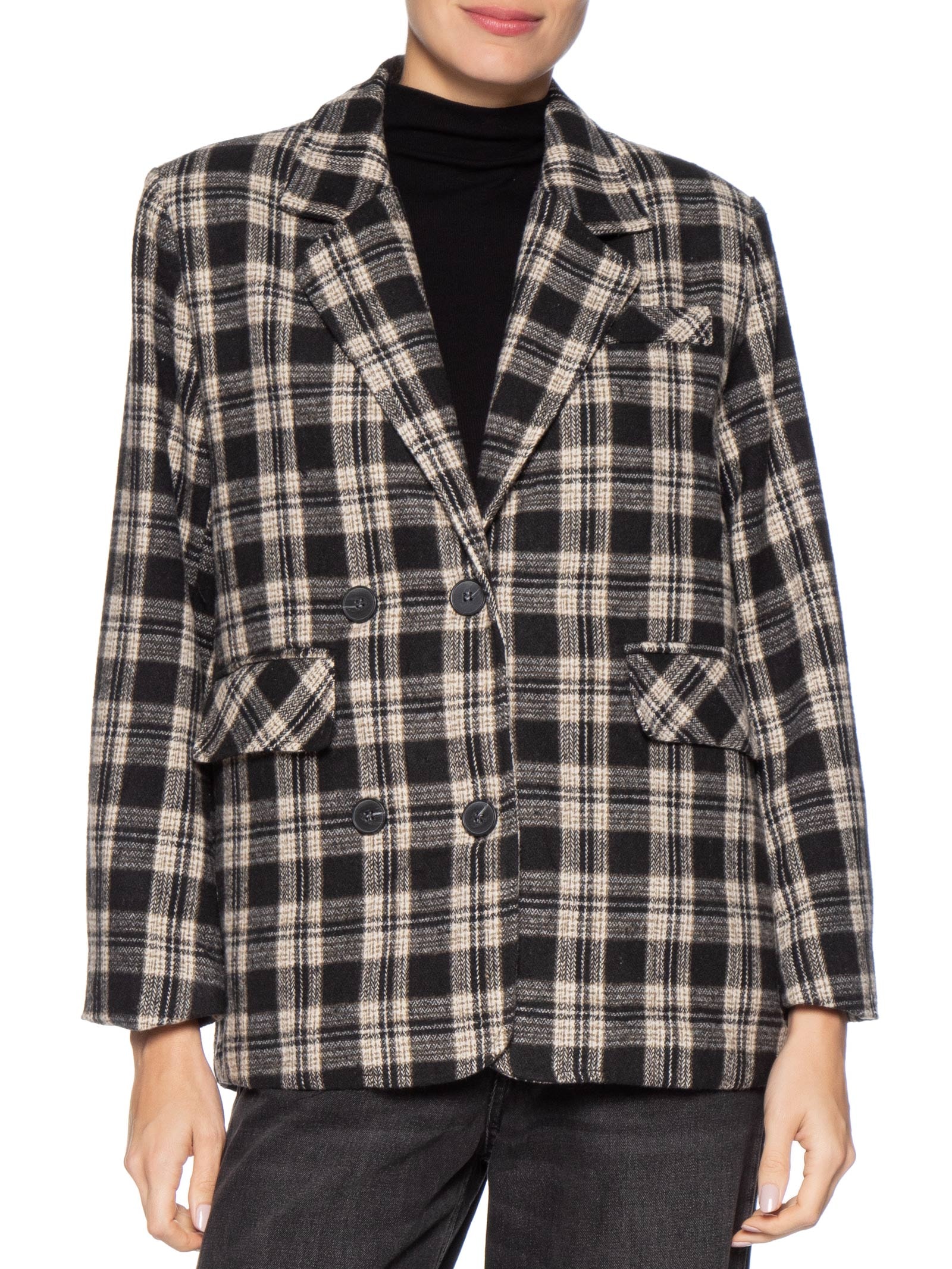 Blazer Feminino Oversized Xadrez Preto Basiq