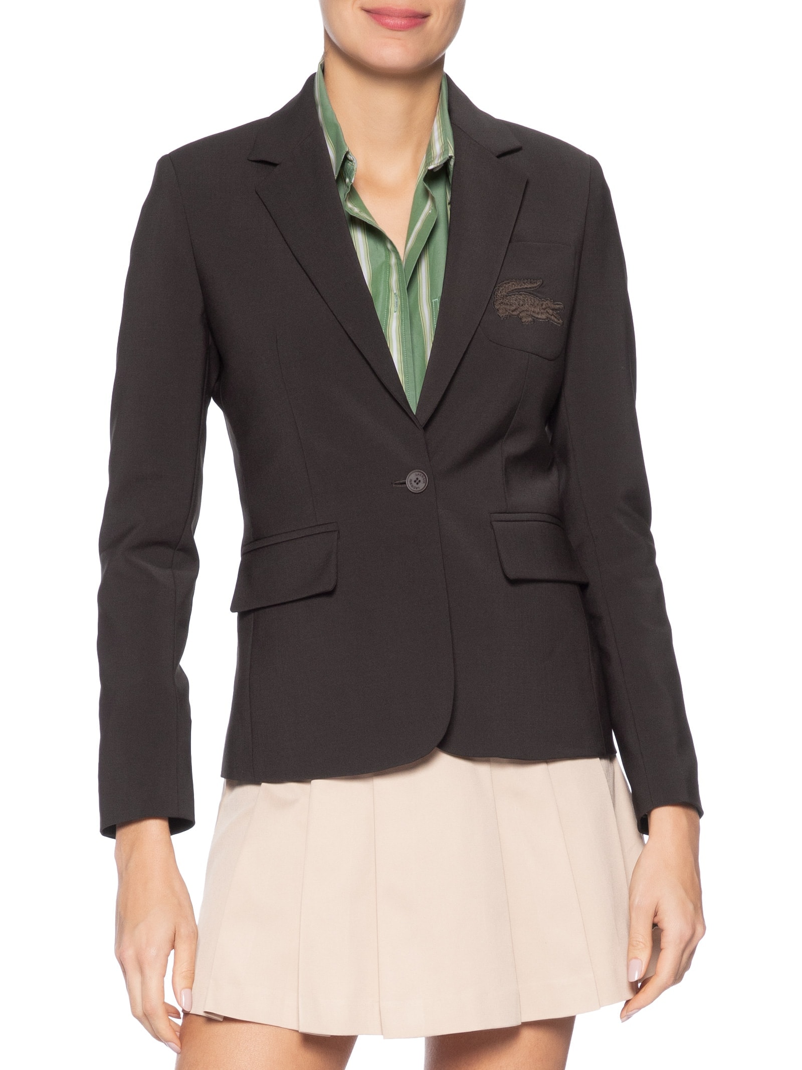 Blazer Feminino Slim Fit De Lã Com Logo Bordado Marrom Lacoste
