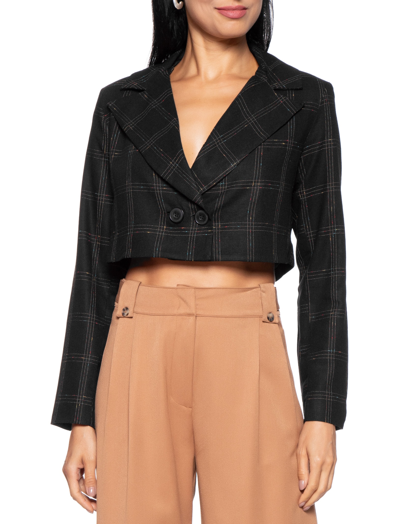 My Place Blazer Feminino Spencer Linho Xadrez Preto