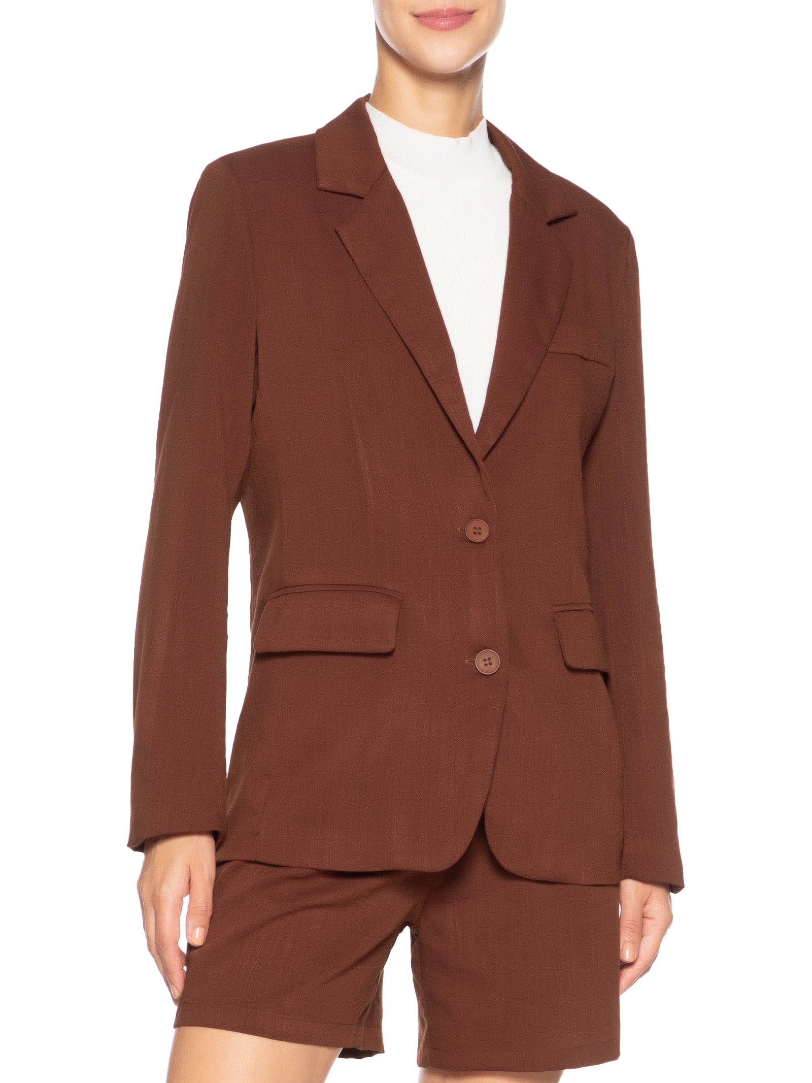 Blazer Feminino Texturizado Com Bolso Marrom Basiq