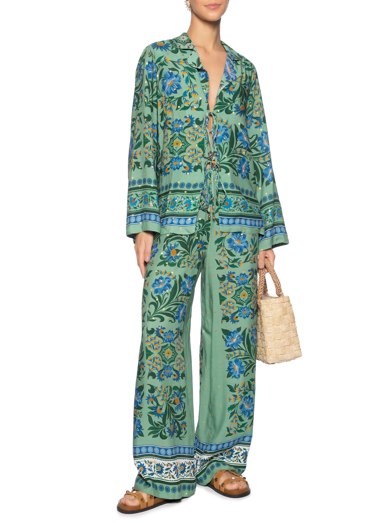 Blusa Amarração Azulejo Florido Verde Farm