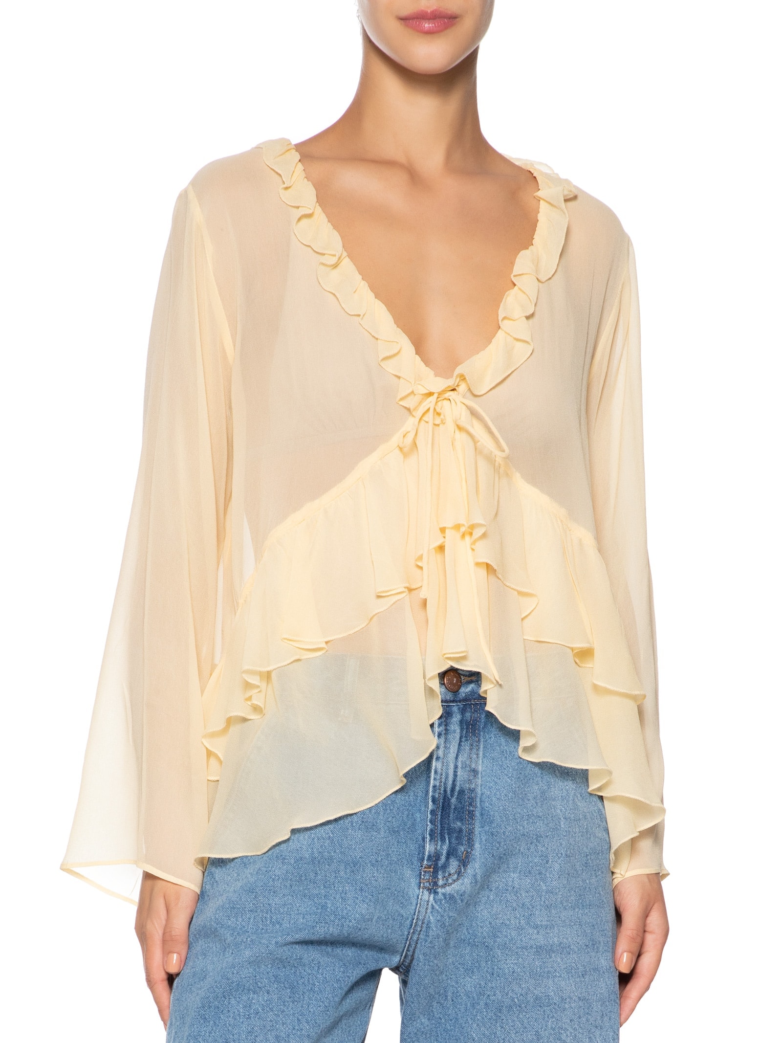 Blusa Amarração Babados Manga Amarelo Farm