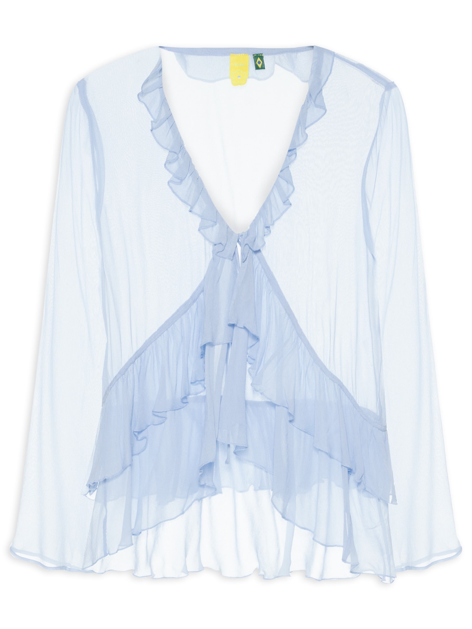 Blusa Amarração Babados Manga Azul Farm