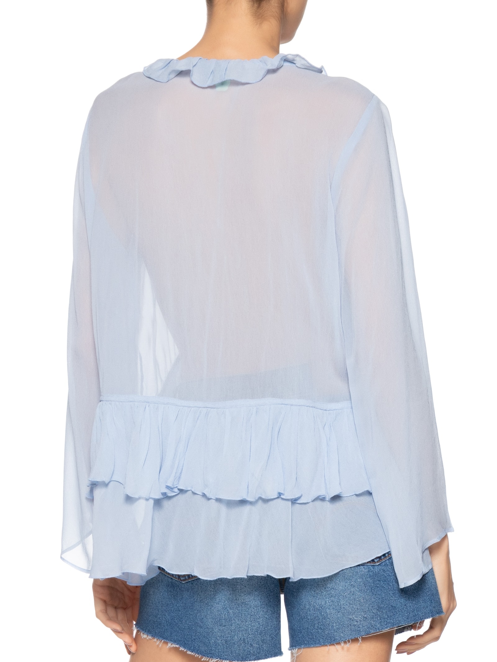 Blusa Amarração Babados Manga Azul Farm