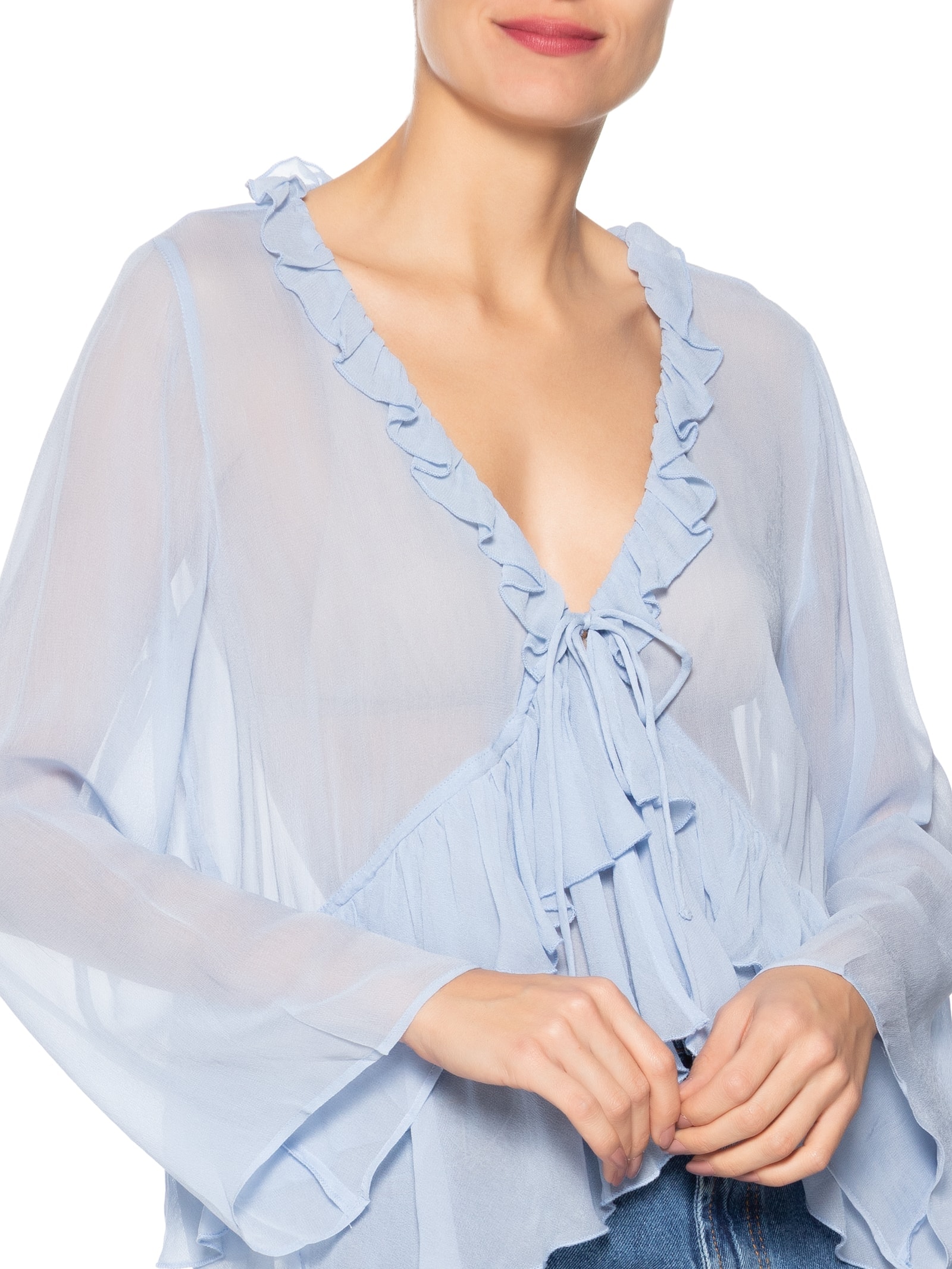 Blusa Amarração Babados Manga Azul Farm