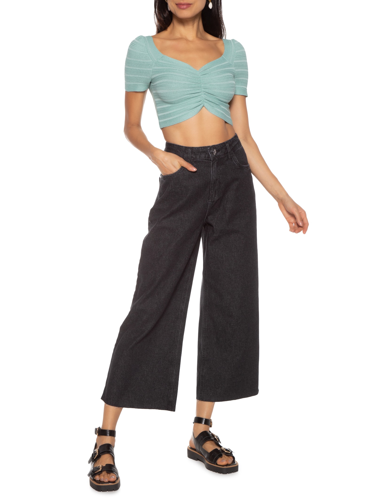 Blusa Cropped Decotado Verde Basiq