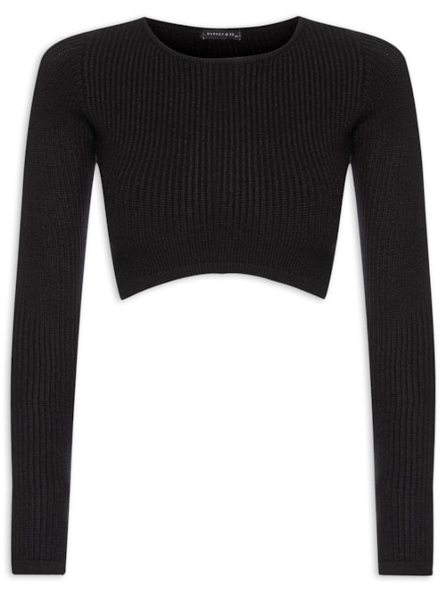 Blusa Cropped Feminina Em Tricot Com Manga Longa - Preto