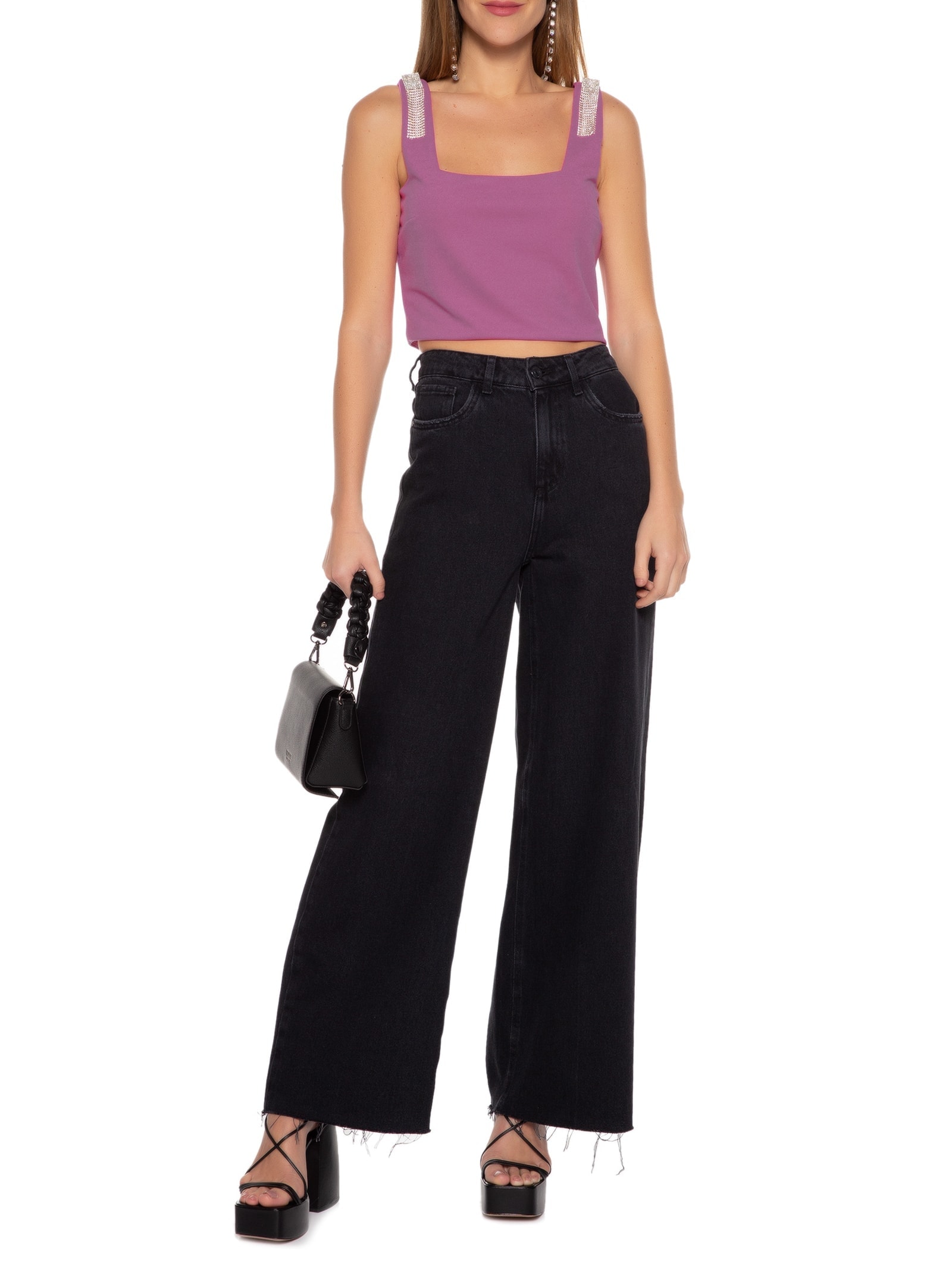 Blusa Cropped Malha Creponada Strass Rosa Market 33