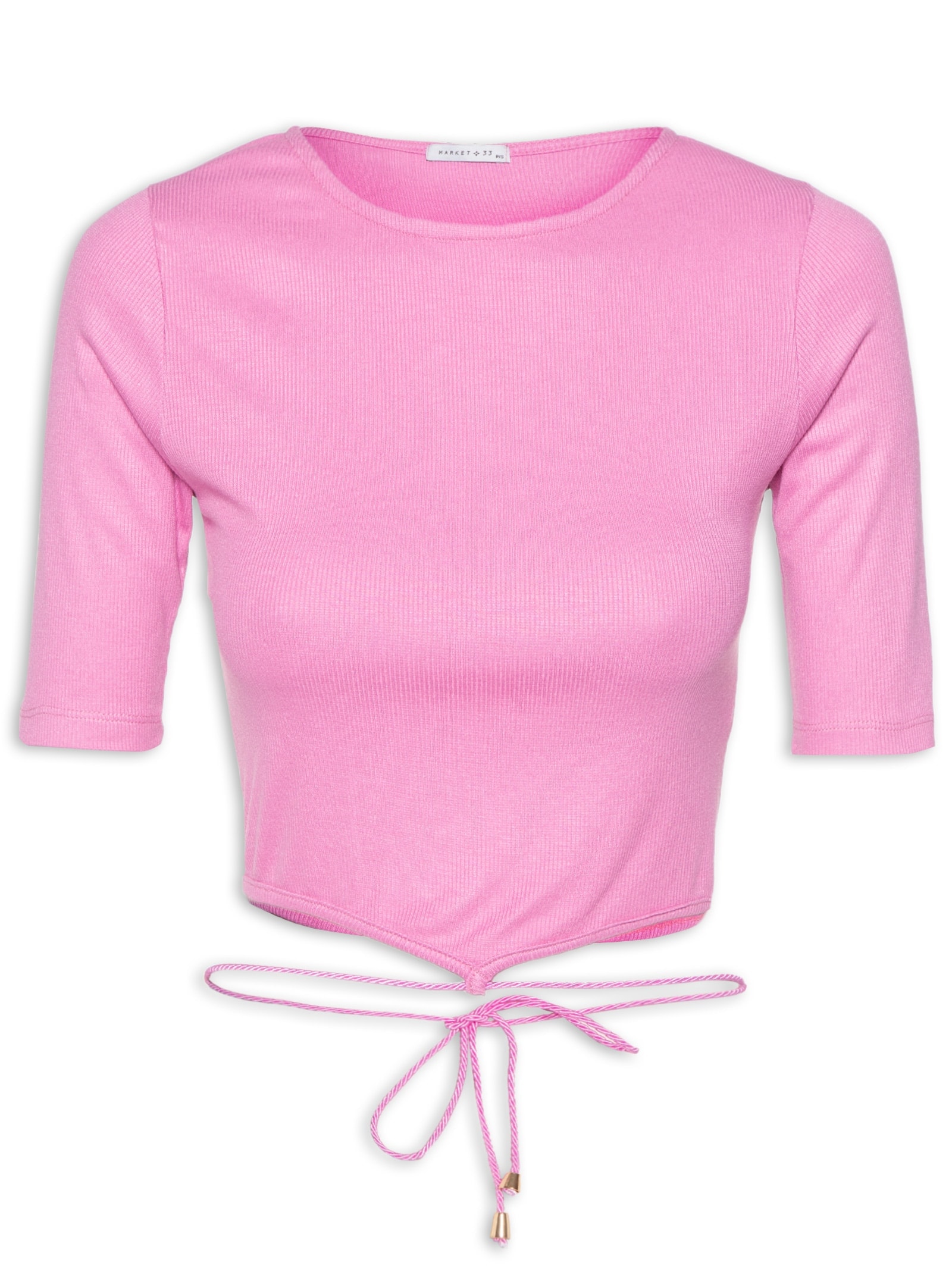 Blusa Cropped Manga Curta Malha Canelada Galão Cintura Rosa Market 33