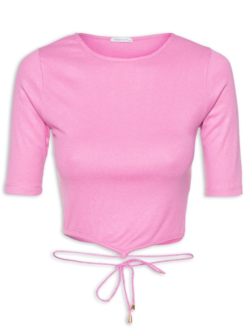 Blusa Cropped Manga Curta Malha Canelada Galão Cintura – Rosa
