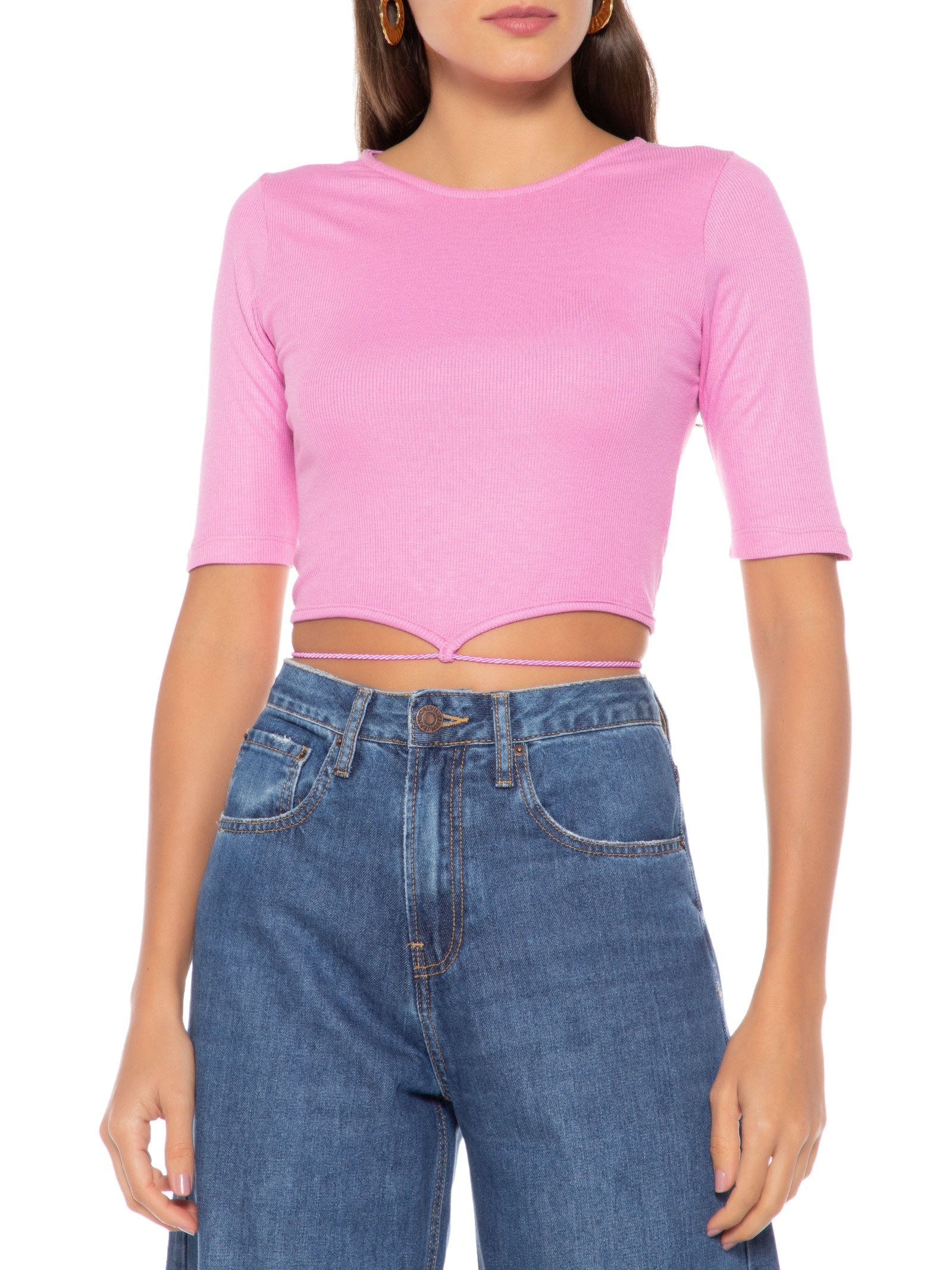 Blusa Cropped Manga Curta Malha Canelada Galão Cintura Rosa Market 33
