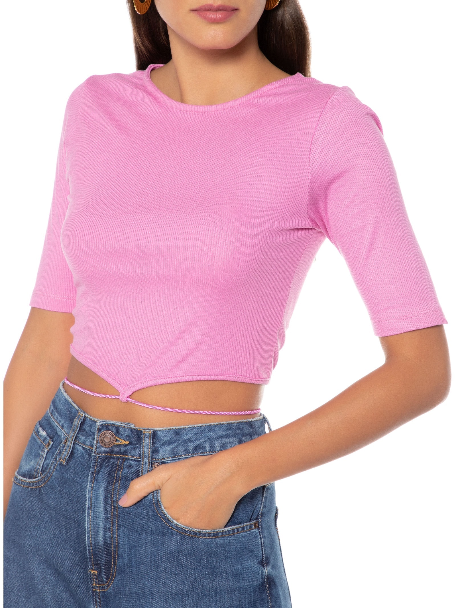 Blusa Cropped Manga Curta Malha Canelada Galão Cintura Rosa Market 33