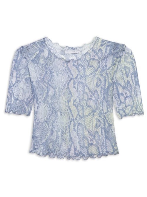 Blusa Cropped Manga Curta Tule - Azul