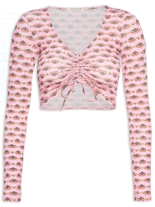 Blusa Cropped Manga Longa Com Ajuste – Rosa