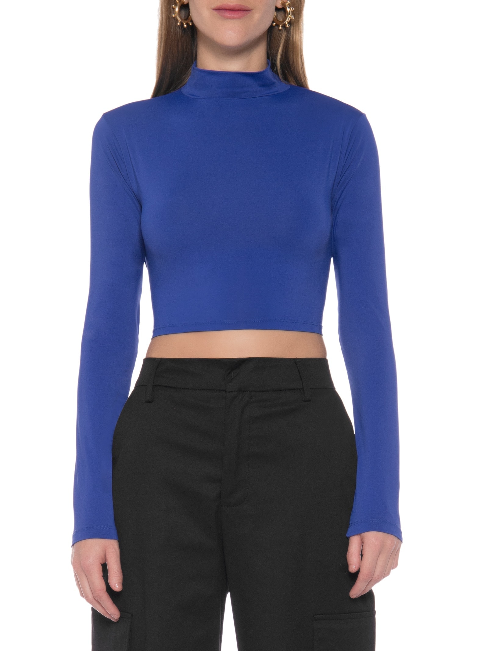 Blusa Cropped Manga Longa Costas Vazada Azul Market 33