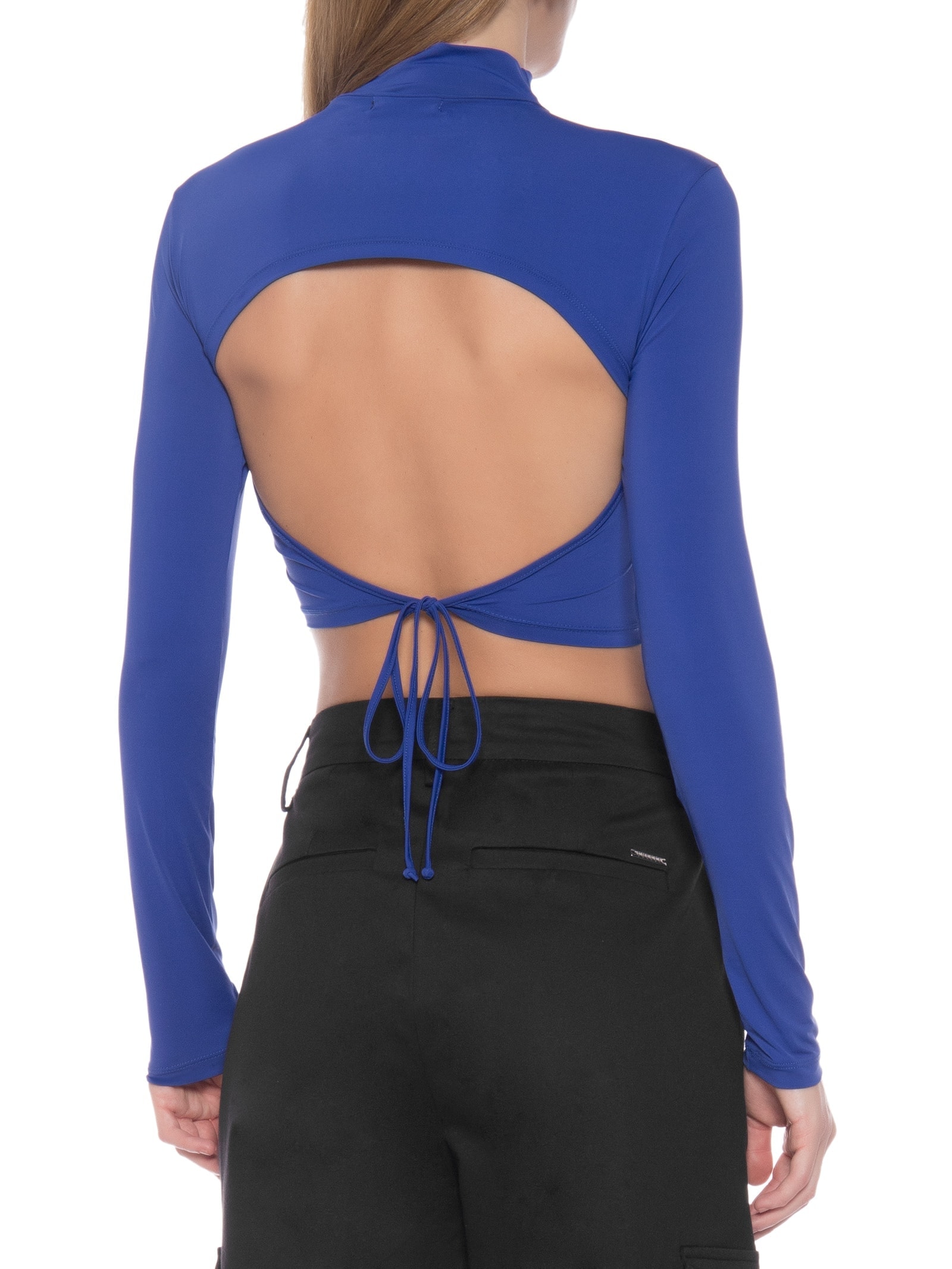 Blusa Cropped Manga Longa Costas Vazada Azul Market 33
