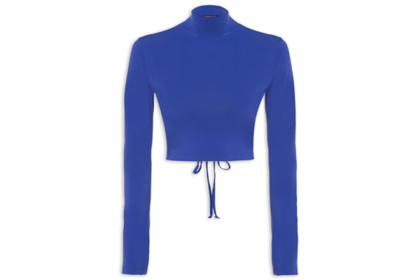 Blusa Cropped Manga Longa Costas Vazada - Azul