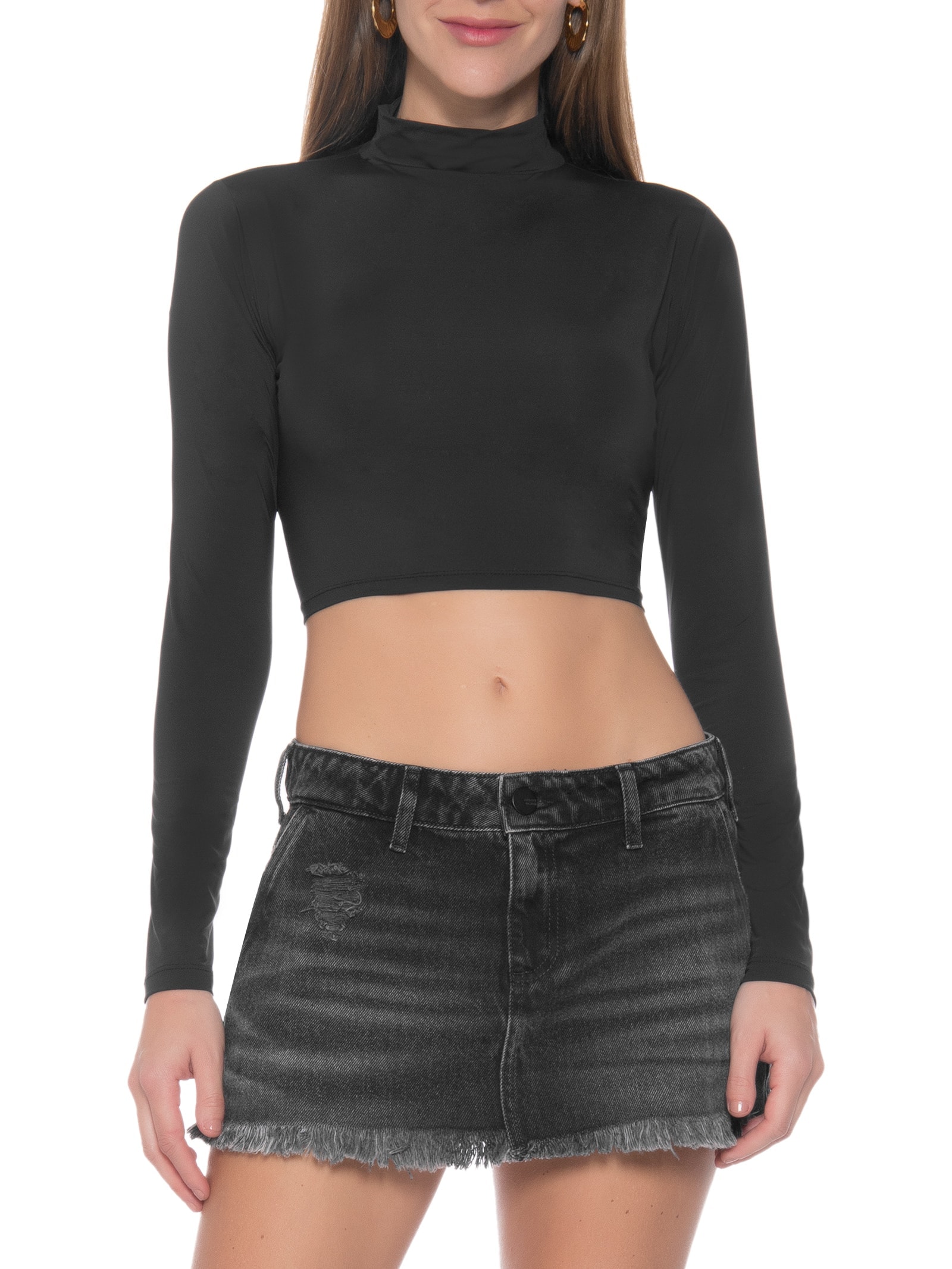 Blusa Cropped Manga Longa Costas Vazada Preto Market 33