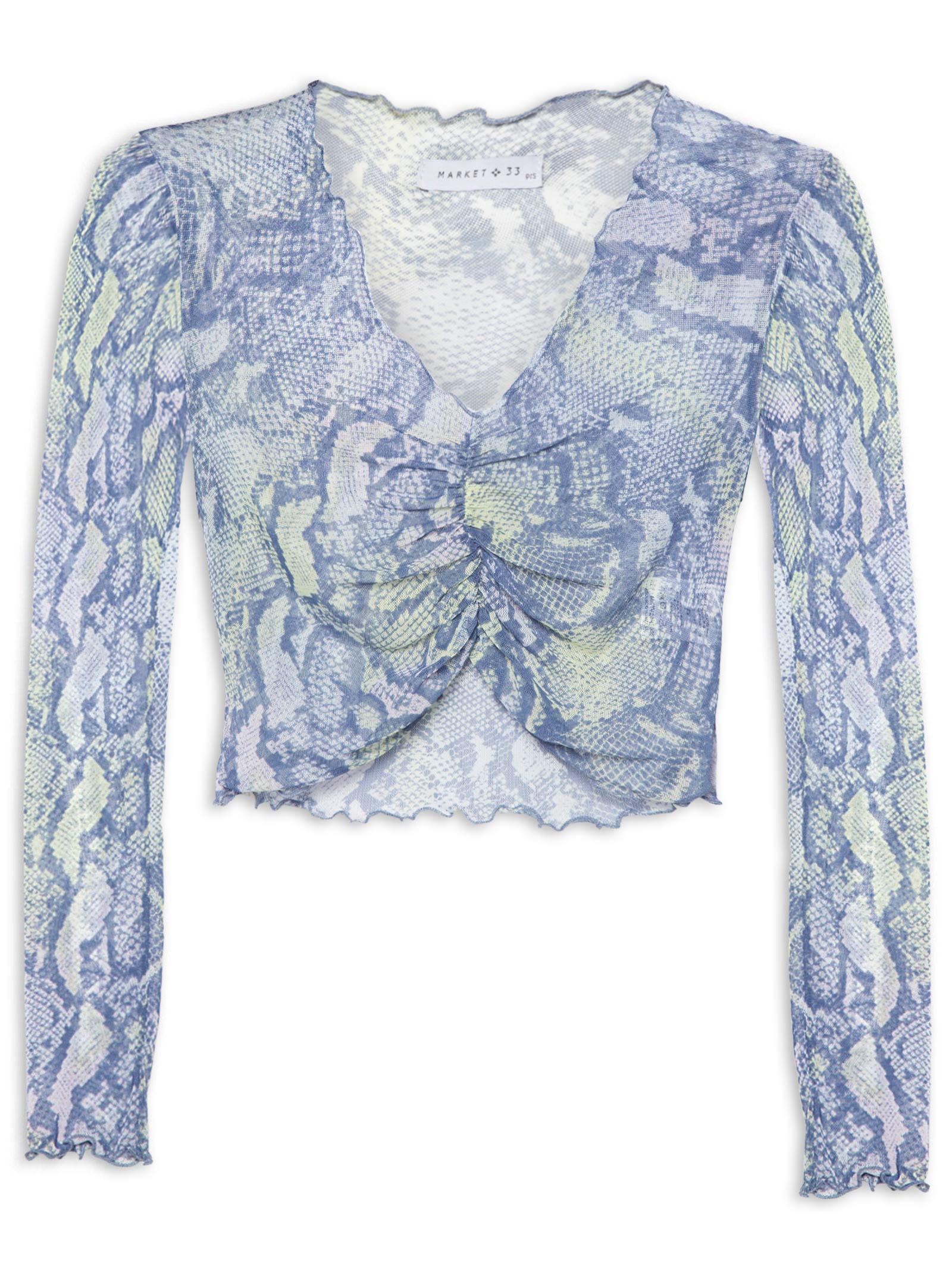 Blusa Cropped Manga Longa Tule Azul Market 33