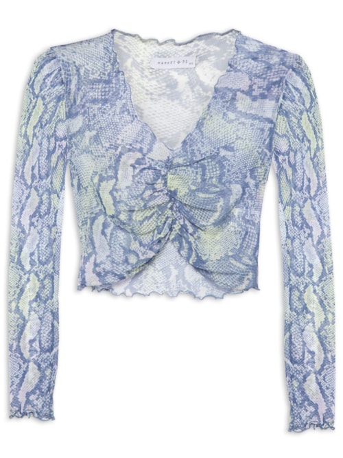 Blusa Cropped Manga Longa Tule - Azul