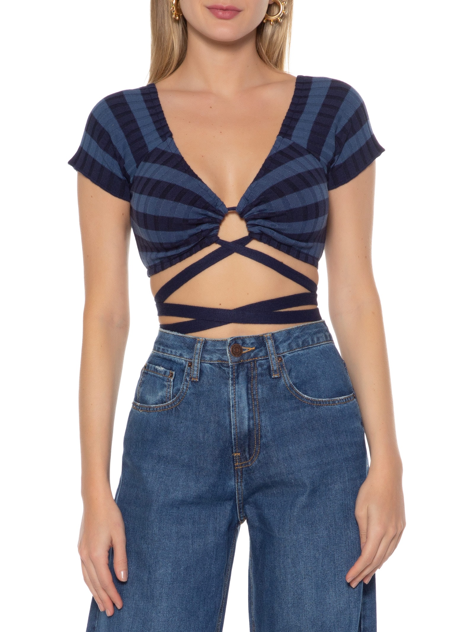 Blusa Cropped Tricot Amarração Azul Market 33