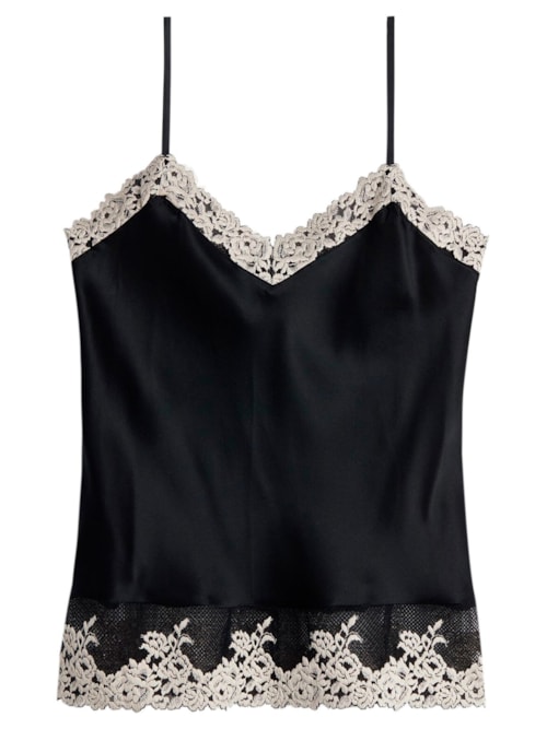 Blusa De Alças Finas Seda Pretty Flowers - Preto