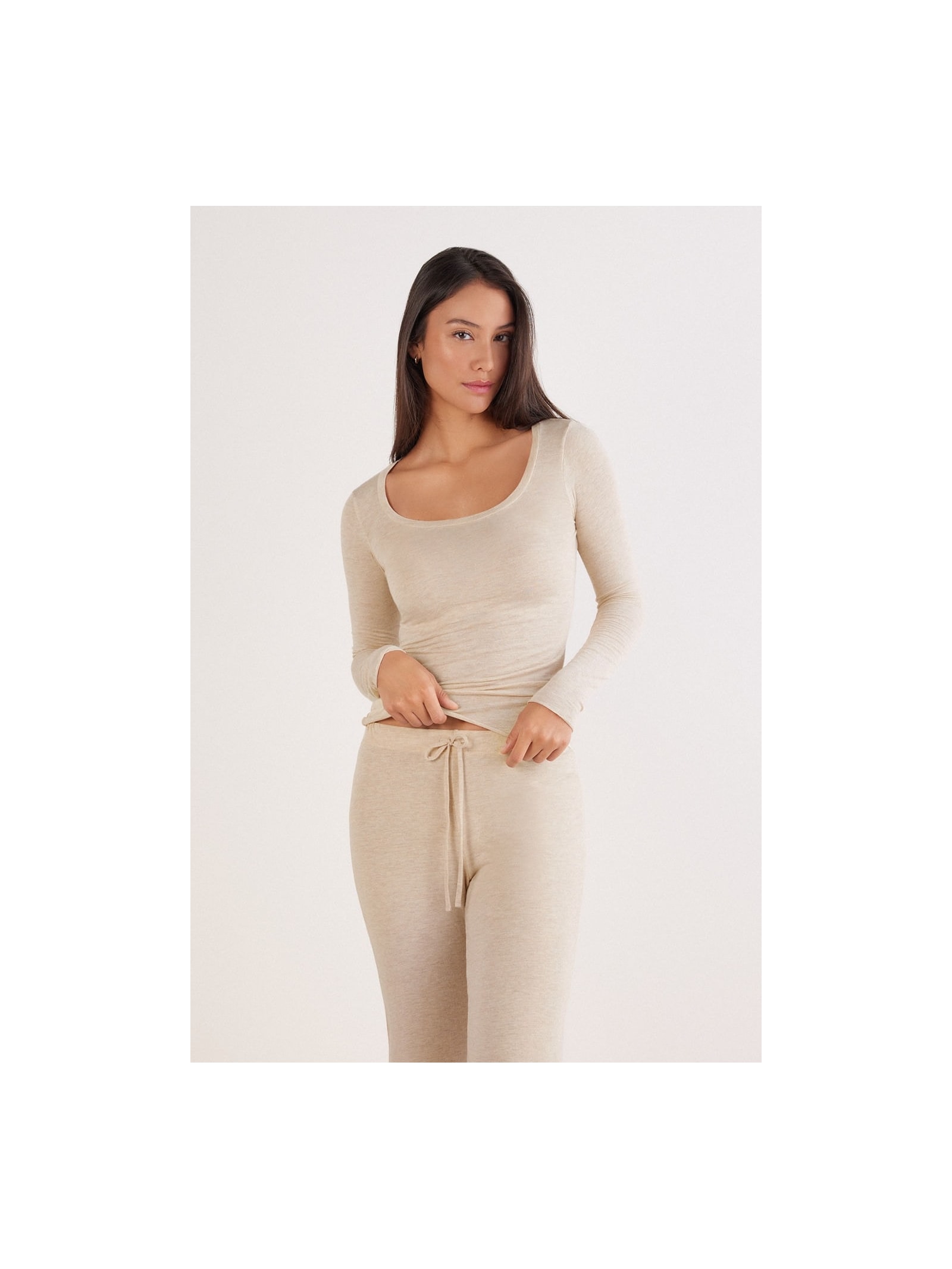 Blusa De Manga Comprida Em Cashmere Ultralight Com Decote Em u Bege Intimissimi