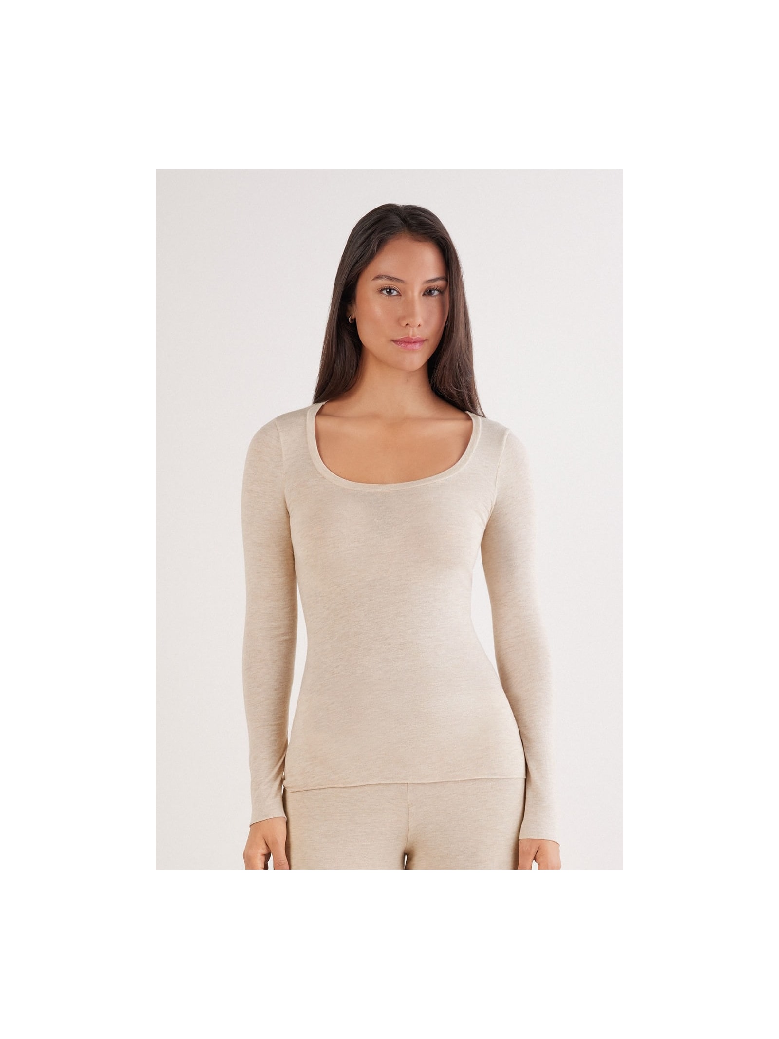 Blusa De Manga Comprida Em Cashmere Ultralight Com Decote Em u Bege Intimissimi