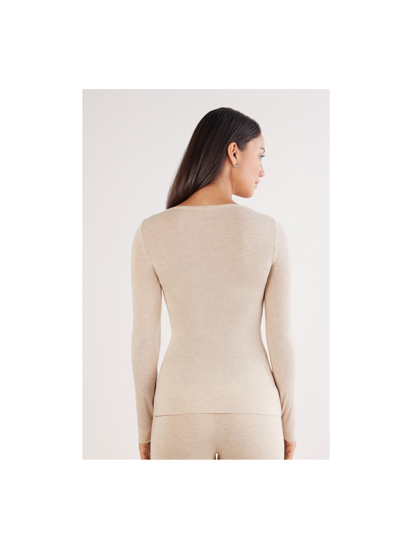 Blusa De Manga Comprida Em Cashmere Ultralight Com Decote Em u Bege Intimissimi