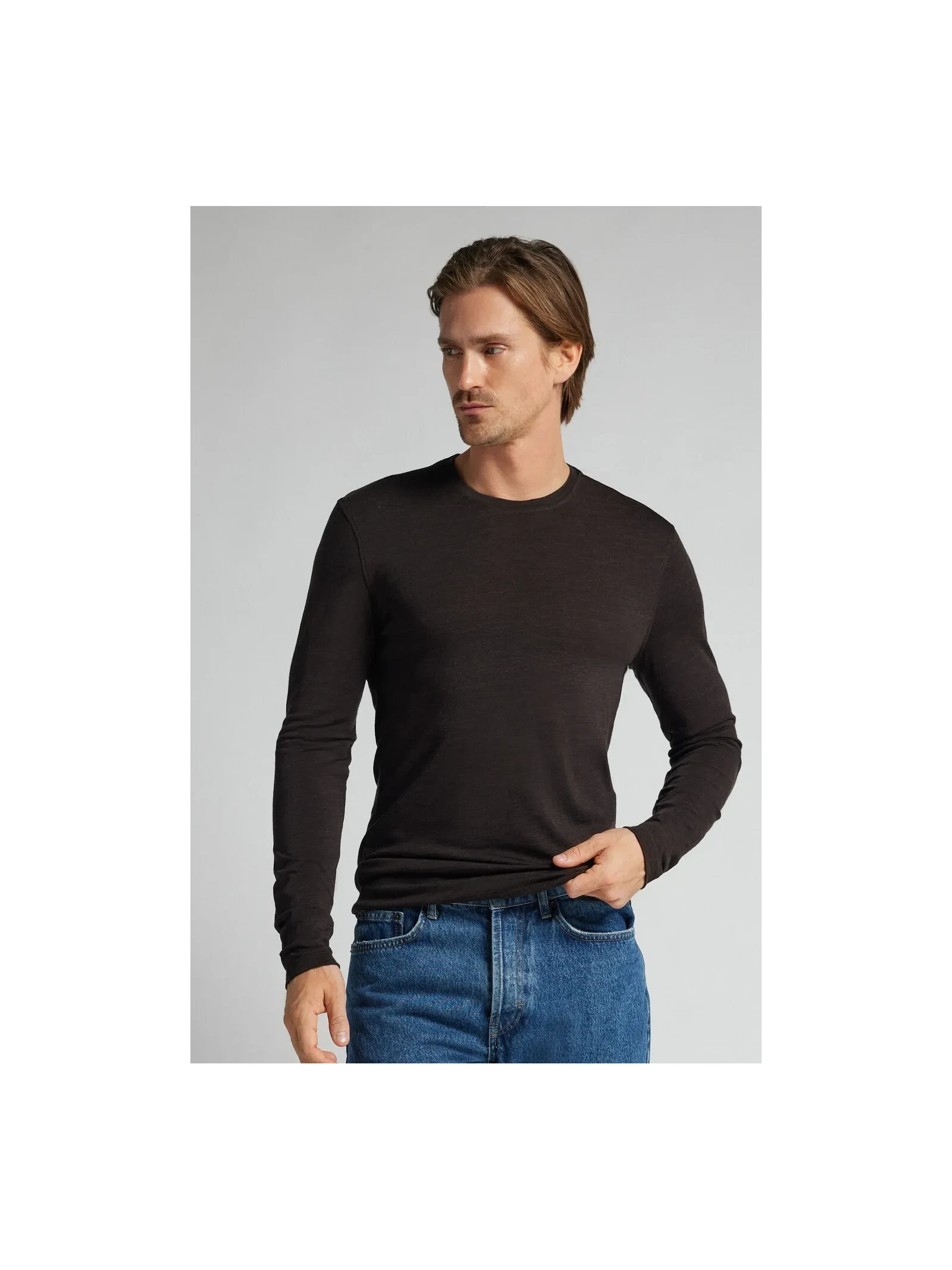 Blusa De Manga Comprida Em Lã Merino Com Decote Redondo Marrom Intimissimi