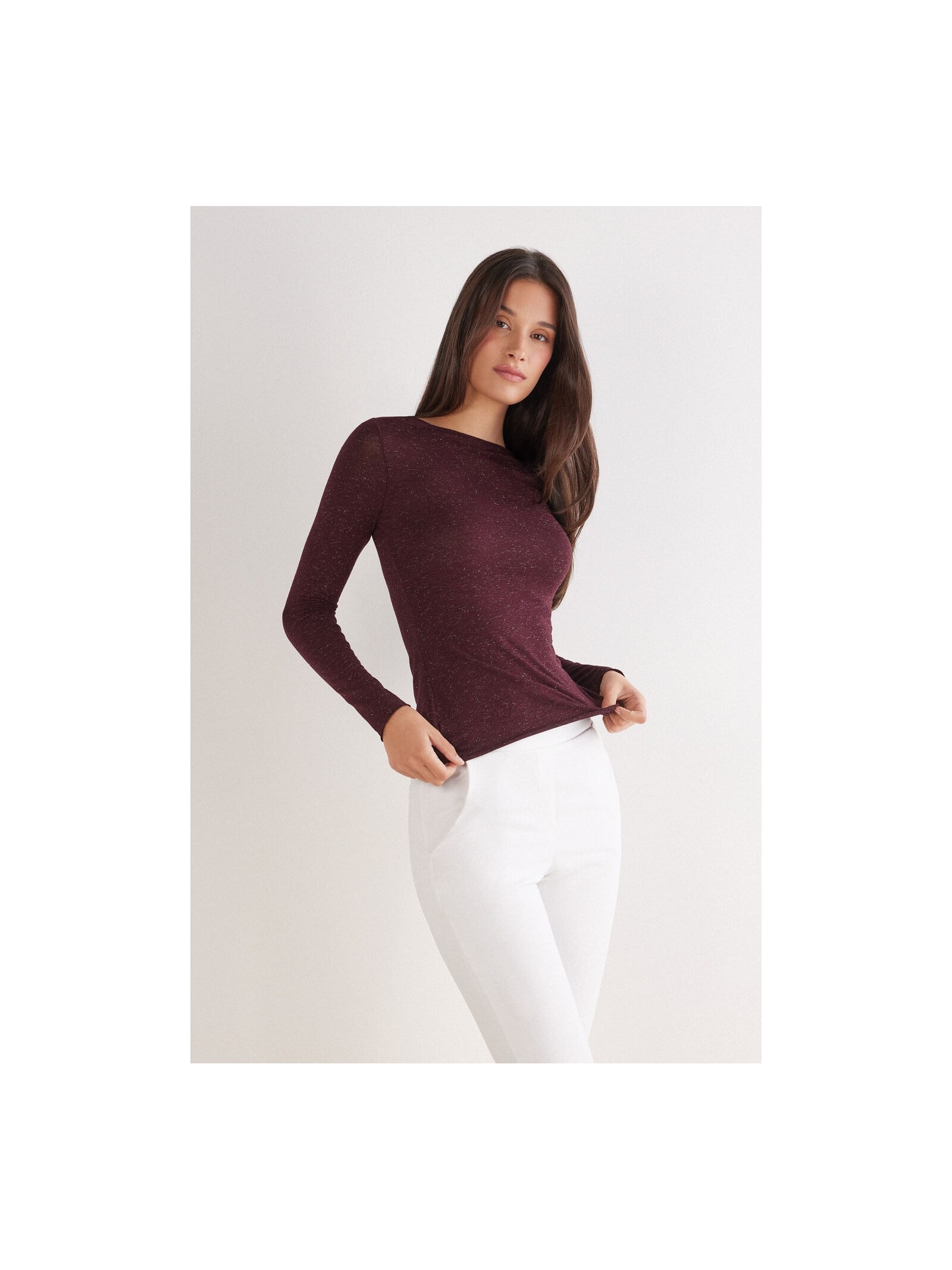 Blusa De Manga Comprida Em Modal Com Cashmere Lamê Bordô Intimissimi
