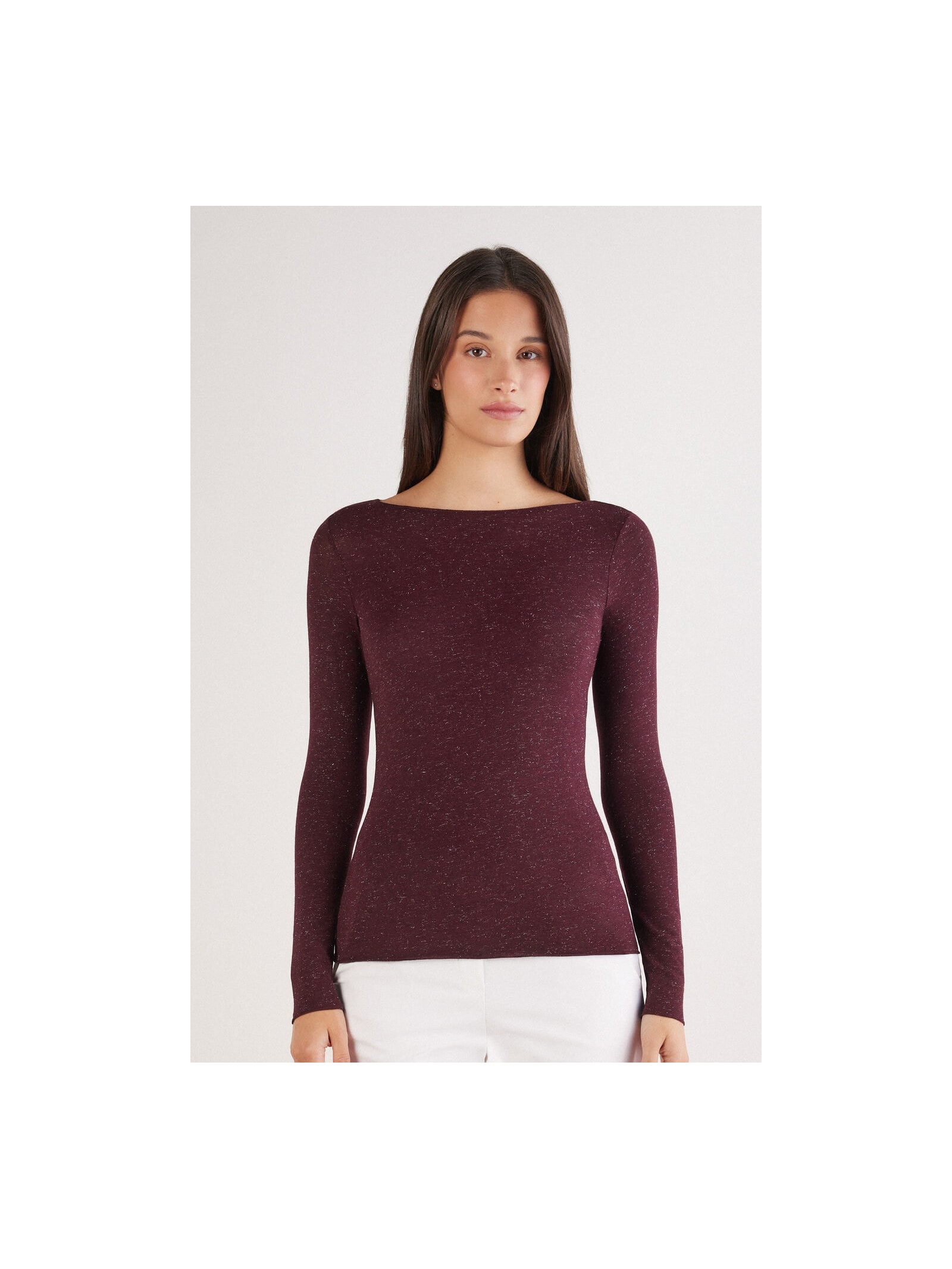 Blusa De Manga Comprida Em Modal Com Cashmere Lamê Bordô Intimissimi