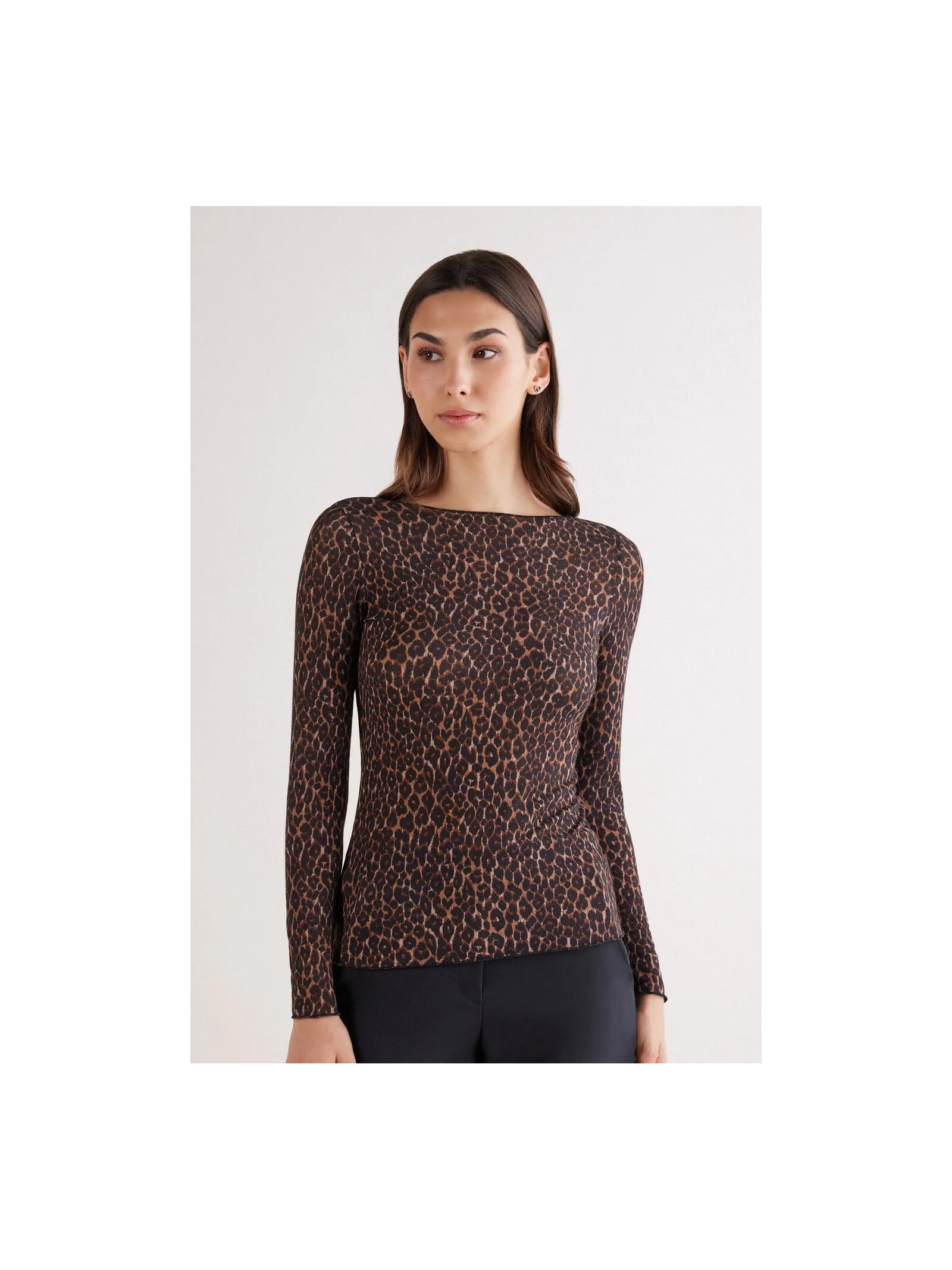 Blusa De Manga Comprida Em Modal Ultralight Com Cashmere Com Estampa Animal Print Marrom Intimissimi