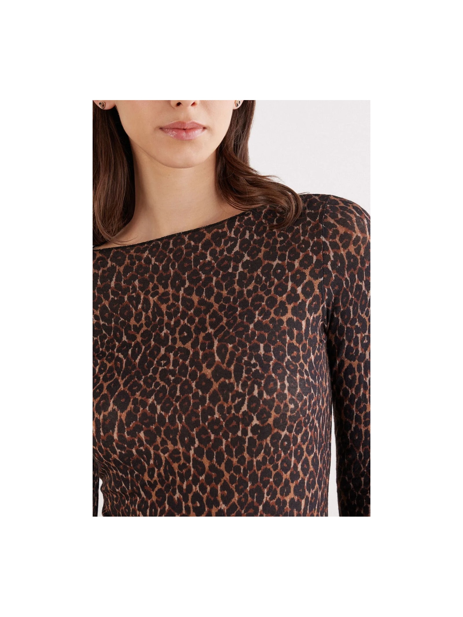 Blusa De Manga Comprida Em Modal Ultralight Com Cashmere Com Estampa Animal Print Marrom Intimissimi