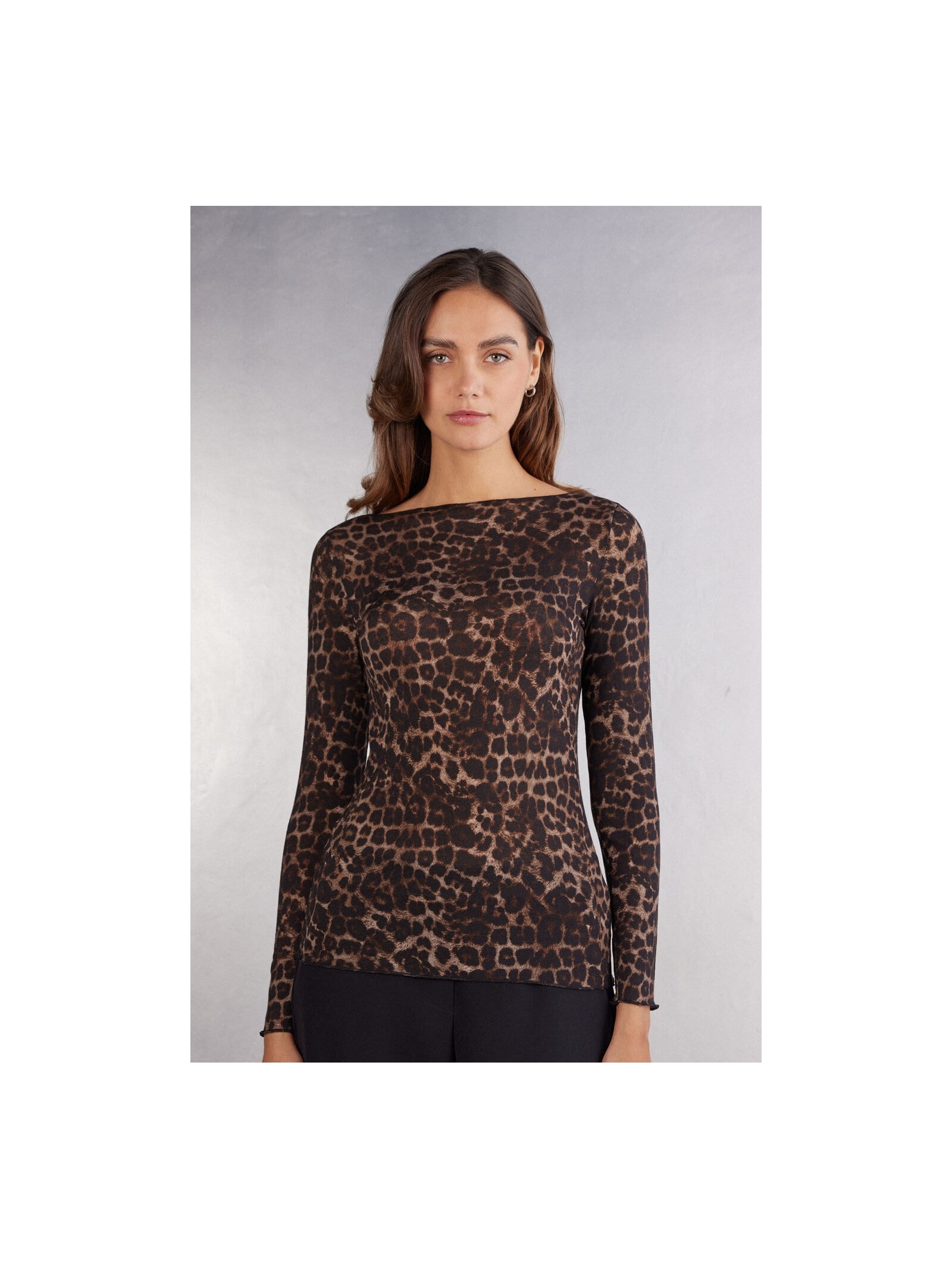 Blusa De Manga Comprida Em Modal Ultralight Com Cashmere Luxurious Leopard Marrom Intimissimi