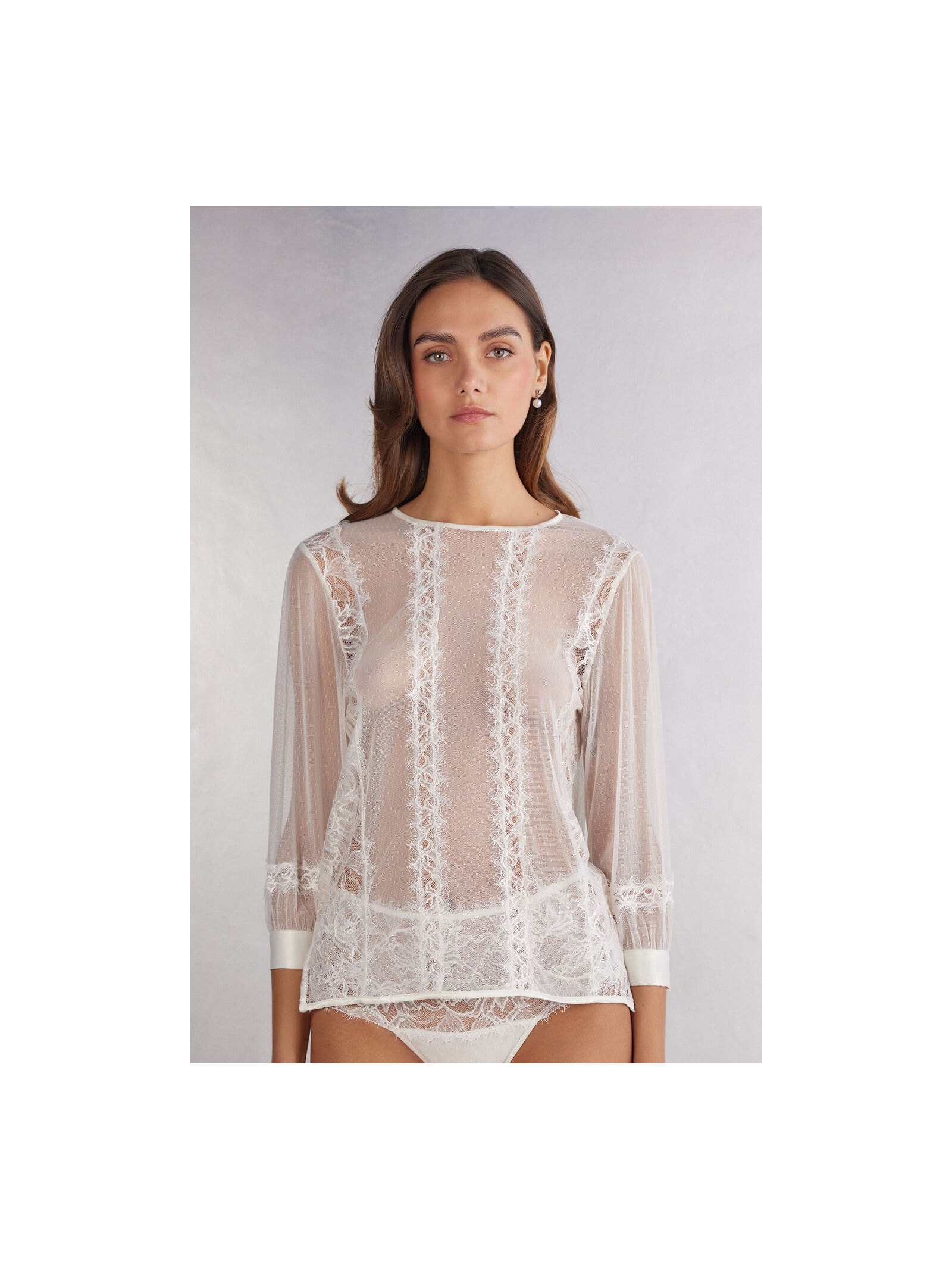 Blusa De Manga Comprida Em Renda e Tule Her Beauty Marfim Intimissimi