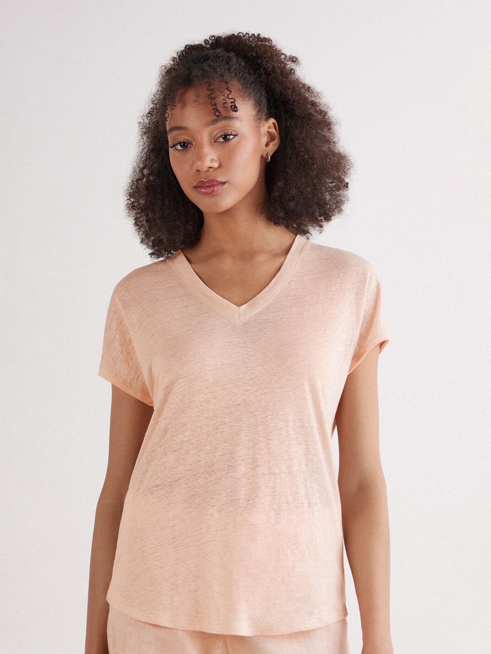 Blusa De Manga Curta Em Linho Com Decote Em v The Pure Linen Rosa Intimissimi