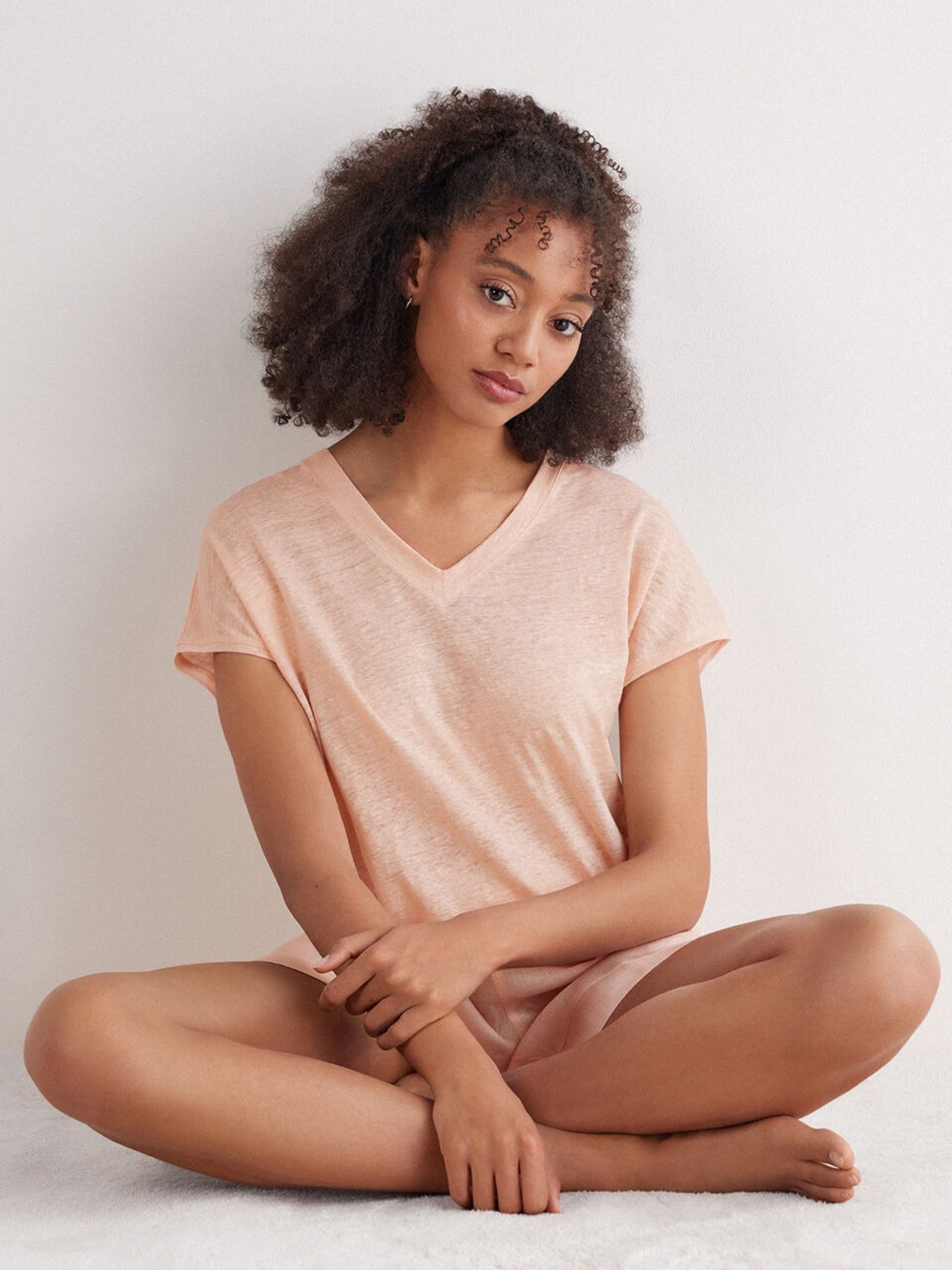 Blusa De Manga Curta Em Linho Com Decote Em v The Pure Linen Rosa Intimissimi