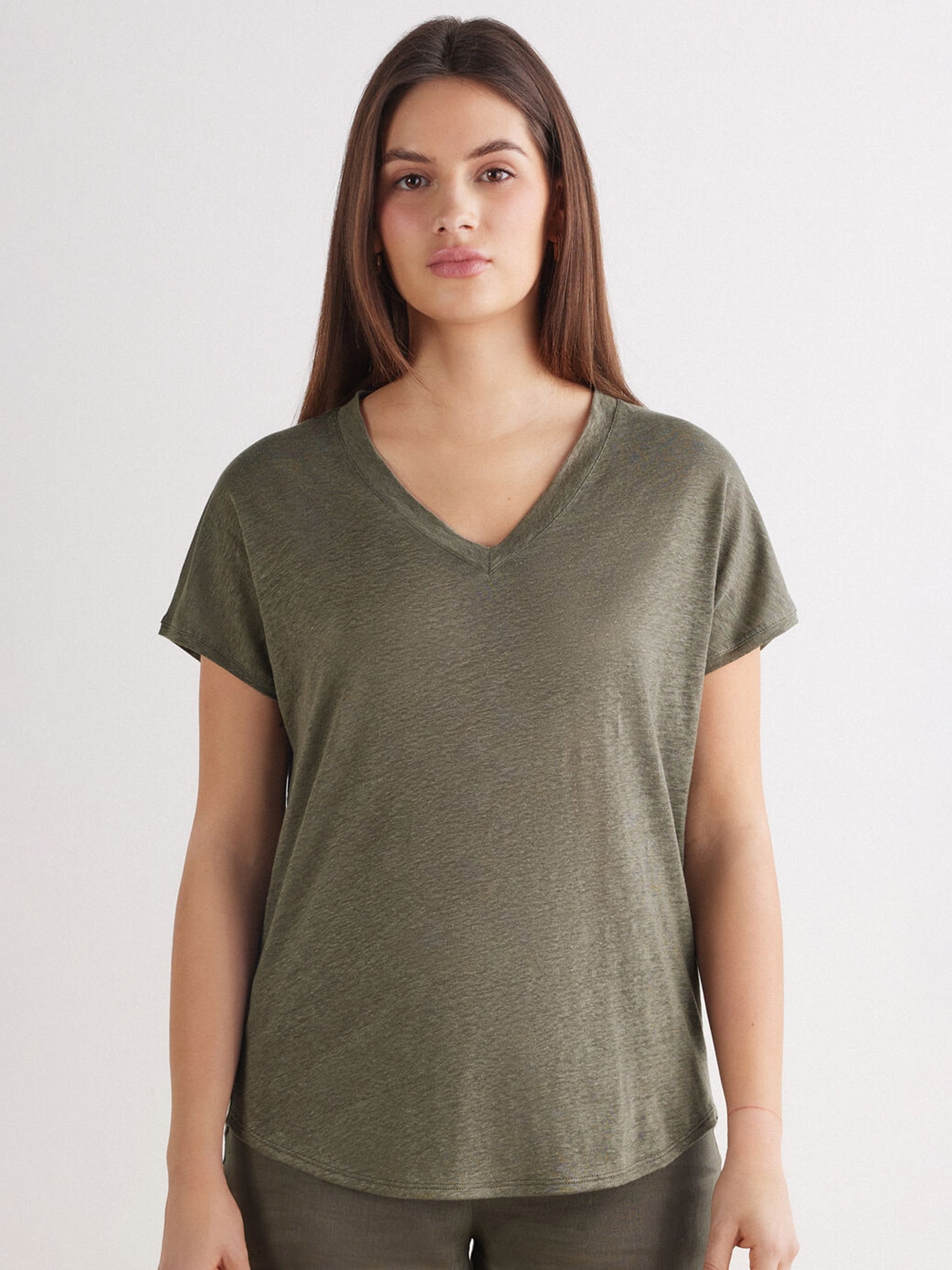 Blusa De Manga Curta Em Linho Com Decote Em v The Pure Linen Verde Intimissimi